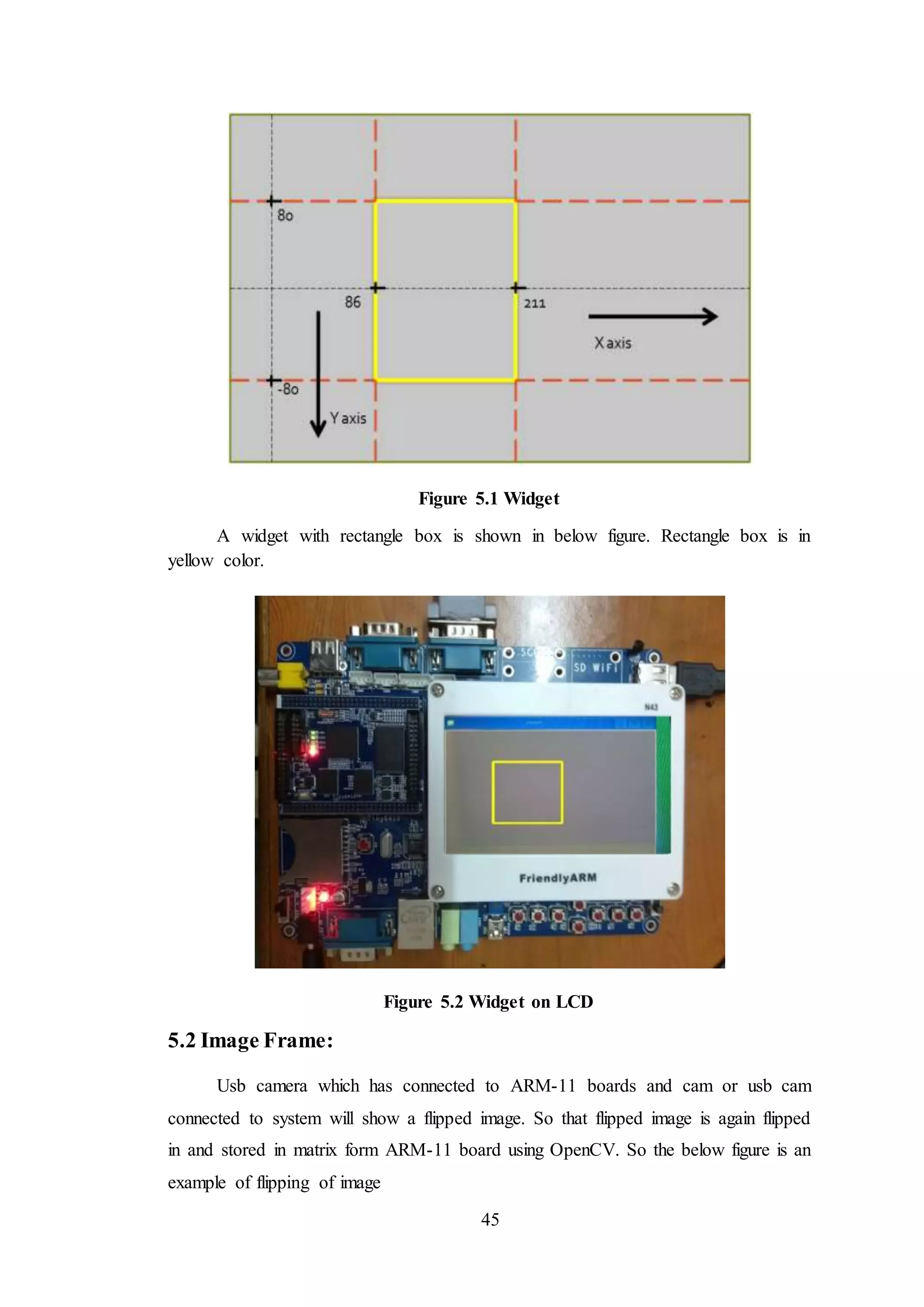 45
Figure 5.1 Widget
A widget with rectangle box is shown in below figure. Rectangle box is in
yellow color.
Figure 5.2 Widget on LCD
5.2 Image Frame:
Usb camera which has connected to ARM-11 boards and cam or usb cam
connected to system will show a flipped image. So that flipped image is again flipped
in and stored in matrix form ARM-11 board using OpenCV. So the below figure is an
example of flipping of image
 