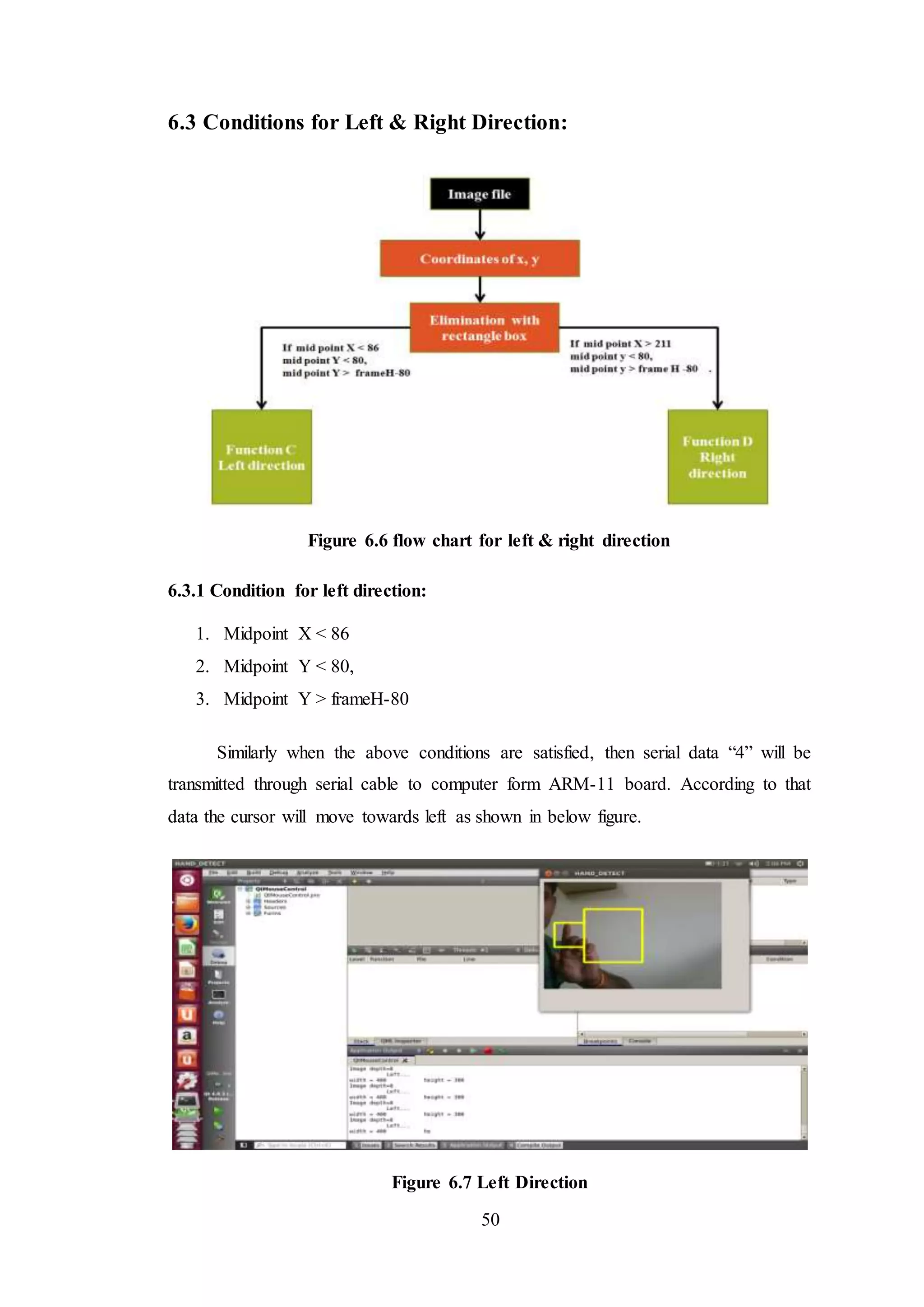50
6.3 Conditions for Left & Right Direction:
Figure 6.6 flow chart for left & right direction
6.3.1 Condition for left direction:
1. Midpoint X < 86
2. Midpoint Y < 80,
3. Midpoint Y > frameH-80
Similarly when the above conditions are satisfied, then serial data “4” will be
transmitted through serial cable to computer form ARM-11 board. According to that
data the cursor will move towards left as shown in below figure.
Figure 6.7 Left Direction
 