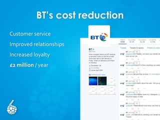 BT’s cost reduction
Customer service
Improved relationships
Increased loyalty
£2 million / year
 