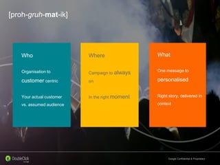 Google Confidential & Proprietary
[proh-gruh-mat-ik]
Who
Organisation to
customer centric
Your actual customer
vs. assumed audience
Where
Campaign to always
on
In the right moment
What
One message to
personalised
Right story, delivered in
context
 