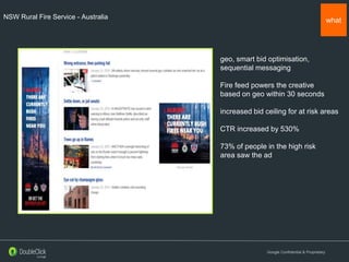 Google Confidential & Proprietary
whatNSW Rural Fire Service - Australia
geo, smart bid optimisation,
sequential messaging
Fire feed powers the creative
based on geo within 30 seconds
increased bid ceiling for at risk areas
CTR increased by 530%
73% of people in the high risk
area saw the ad
 