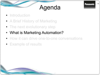 53
Agenda
• Introduction
• A Brief History of Marketing
• The next evolutionary step
• What is Marketing Automation?
• How it can drive one-to-one conversations
• Example of results
 