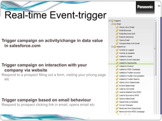 60
Trigger campaign on activity/change in data value
in salesforce.com
Trigger campaign on interaction with your
company via website
Respond to a prospect filling out a form, visiting your pricing page
etc
Trigger campaign based on email behaviour
Respond to prospect clicking link in email, opens email etc
Real-time Event-trigger
 
