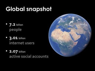 Global snapshot
• 7.2 billion
people
• 3.01 billion
internet users
• 2.07 billion
active social accounts
 