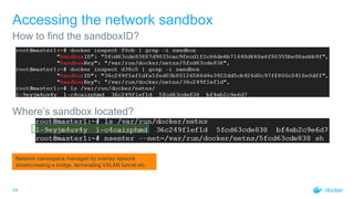 34
Accessing the network sandbox
How to find the sandboxID?
Where’s sandbox located?
Network namespace managed by overlay ...
