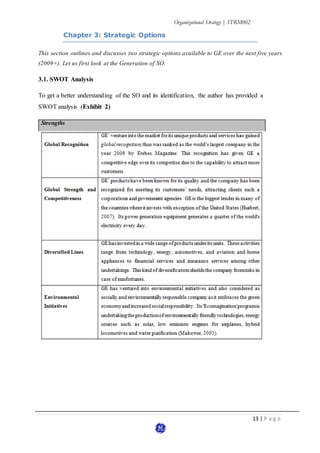 Organizational Strategy | STRM002
13 | P a g e
Chapter 3: Strategic Options
This section outlines and discusses two strategic options available to GE over the next five years
(2009+). Let us first look at the Generation of SO.
3.1. SWOT Analysis
To get a better understanding of the SO and its identification, the author has provided a
SWOT analysis (Exhibit 2)
Strengths
 