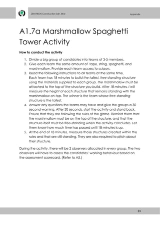33
ZENVIRON Construction Sdn. Bhd Appendix
A1.7a Marshmallow Spaghetti
Tower Activity
How to conduct the activity
1. Divide a big group of candidates into teams of 3-5 members.
2. Give each team the same amount of tape, string, spaghetti, and
marshmallow. Provide each team access to scissors.
3. Read the following instructions to all teams at the same time.
Each team has 18 minutes to build the tallest, free-standing structure
using the materials supplied to each group. The marshmallow must be
attached to the top of the structure you build. After 18 minutes, I will
measure the height of each structure that remains standing with the
marshmallow on top. The winner is the team whose free-standing
structure is the tallest.
4. Answer any questions the teams may have and give the groups a 30
second warning. After 30 seconds, start the activity and stand back.
Ensure that they are following the rules of the game. Remind them that
the marshmallow must be on the top of the structure, and that the
structure itself must be free-standing when the activity concludes. Let
them know how much time has passed until 18 minutes is up.
5. At the end of 18 minutes, measure those structures created within the
rules and that are still standing. They are also required to pitch about
their structure.
During the activity, there will be 2 observers allocated in every group. The two
observers will have to assess the candidates’ working behaviour based on
the assessment scorecard. (Refer to A5.)
 