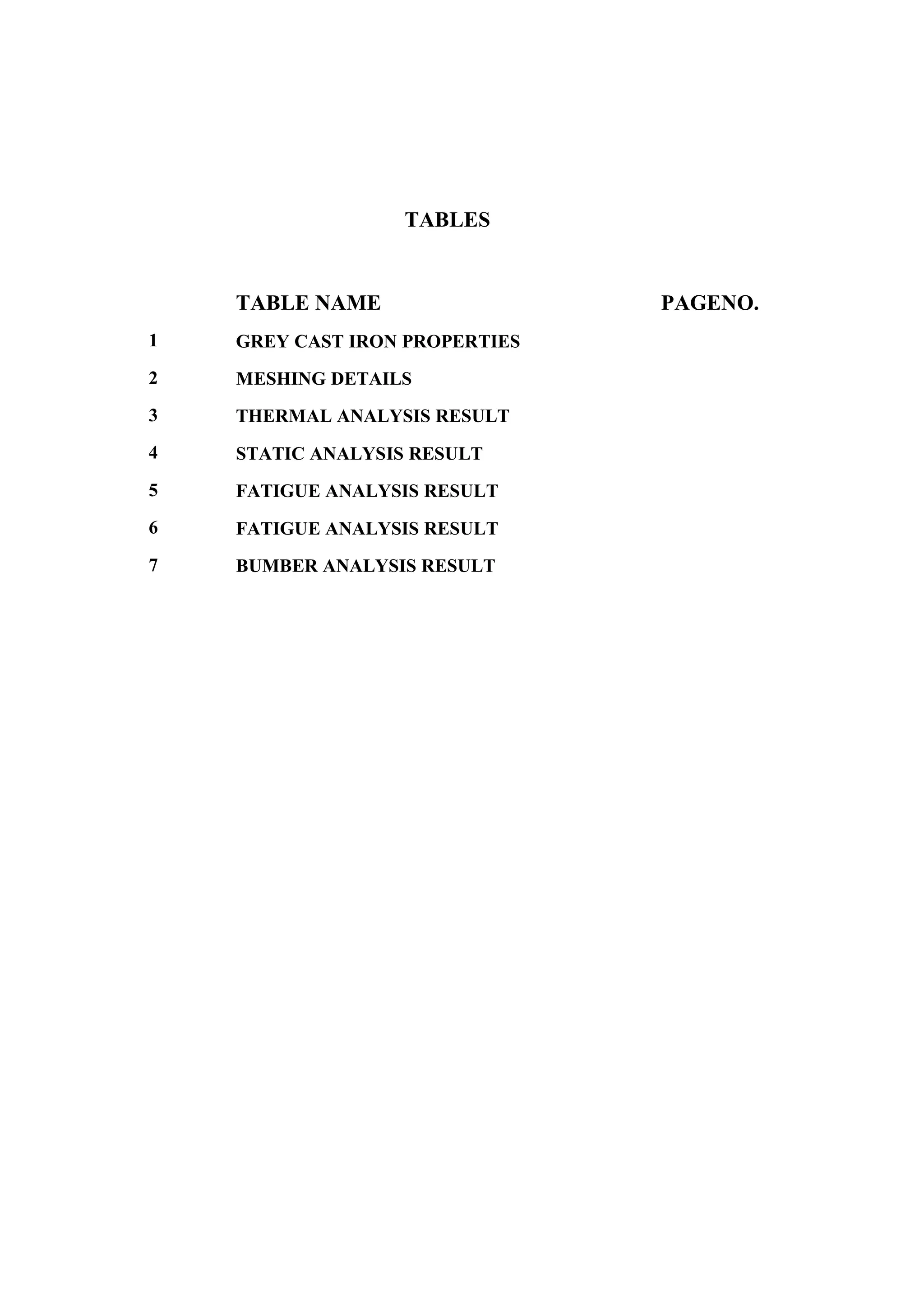 TABLES
TABLE NAME PAGENO.
1 GREY CAST IRON PROPERTIES
2 MESHING DETAILS
3 THERMAL ANALYSIS RESULT
4 STATIC ANALYSIS RESULT
5 FATIGUE ANALYSIS RESULT
6 FATIGUE ANALYSIS RESULT
7 BUMBER ANALYSIS RESULT
 