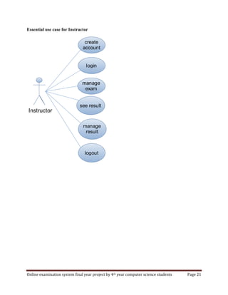 Online examination system final year project by 4th year computer science students Page 21
Essential use case for Instructor
create
account
login
see result
logout
manage
exam
manage
result
Instructor
 