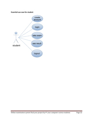 Online examination system final year project by 4th year computer science students Page 22
Essential use case for student
create
account
login
see result
logout
take exam
student
 