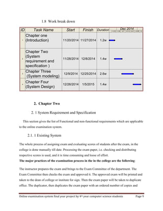 Online examination system final year project by 4th year computer science students Page 9
1.8 Work break down
ID Task Name Start Finish Duration Dec 2014
11/23 11/30 12/7 12/14 12/28 1/412/21
1 1.2w11/27/201411/20/2014
Chapter one
(Introduction)
2 1.4w12/8/201411/28/2014
Chapter Two
(System
requirement and
specification )
3 2.6w12/25/201412/9/2014
Chapter Three
(System modeling)
4 1.4w1/5/201512/26/2014
Chapter Four
(System Design)
2. Chapter Two
2. 1 System Requirement and Specification
This section gives the list of Functional and non-functional requirements which are applicable
to the online examination system.
2.1. 1 Existing System
The whole process of assigning exam and evaluating scores of students after the exam, in the
college is done manually till date. Processing the exam paper, i.e. checking and distributing
respective scores is used, and it is time consuming and loose of effort.
The major practices of the examination process in the in the college are the following:
The instructor prepares the exam and brings to the Exam Committee of the department. The
Exam Committee then checks the exam and approved it. The approved exam will be printed and
taken to the dean of college or institute for sign. Then the exam paper will be taken to duplicate
office. The duplicator, then duplicates the exam paper with an ordered number of copies and
 