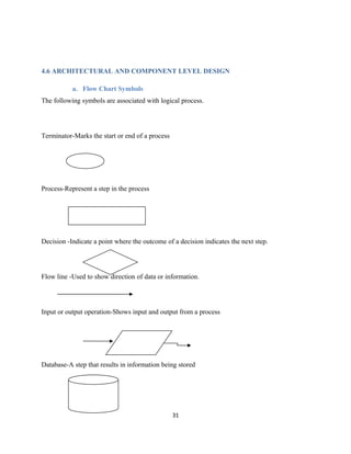 4.6 ARCHITECTURAL AND COMPONENT LEVEL DESIGN
a. Flow Chart Symbols
The following symbols are associated with logical process.
Terminator-Marks the start or end of a process
Process-Represent a step in the process
Decision -Indicate a point where the outcome of a decision indicates the next step.
Flow line -Used to show direction of data or information.
Input or output operation-Shows input and output from a process
Database-A step that results in information being stored
31
 