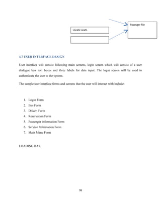 4.7 USER INTERFACE DESIGN
User interface will consist following main screens, login screen which will consist of a user
dialogue box text boxes and three labels for data input. The login screen will be used to
authenticate the user to the system.
The sample user interface forms and screens that the user will interact with include:
1. Login Form
2. Bus Form
3. Driver Form
4. Reservation Form
5. Passenger information Form
6. Service Information Form
7. Main Menu Form
LOADING BAR
36
Locate seats
Passnger file
 