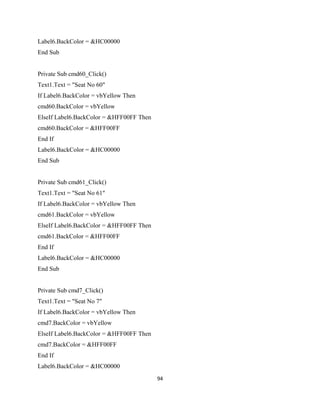 Label6.BackColor = &HC00000
End Sub
Private Sub cmd60_Click()
Text1.Text = "Seat No 60"
If Label6.BackColor = vbYellow Then
cmd60.BackColor = vbYellow
ElseIf Label6.BackColor = &HFF00FF Then
cmd60.BackColor = &HFF00FF
End If
Label6.BackColor = &HC00000
End Sub
Private Sub cmd61_Click()
Text1.Text = "Seat No 61"
If Label6.BackColor = vbYellow Then
cmd61.BackColor = vbYellow
ElseIf Label6.BackColor = &HFF00FF Then
cmd61.BackColor = &HFF00FF
End If
Label6.BackColor = &HC00000
End Sub
Private Sub cmd7_Click()
Text1.Text = "Seat No 7"
If Label6.BackColor = vbYellow Then
cmd7.BackColor = vbYellow
ElseIf Label6.BackColor = &HFF00FF Then
cmd7.BackColor = &HFF00FF
End If
Label6.BackColor = &HC00000
94
 