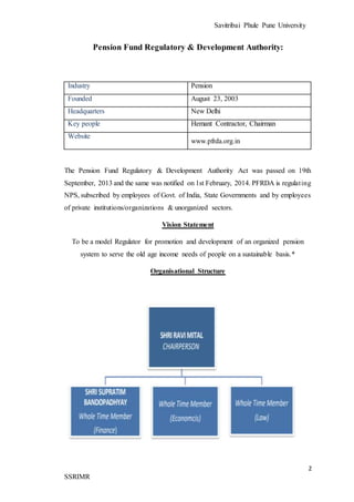 Savitribai Phule Pune University
2
SSRIMR
Pension Fund Regulatory & Development Authority:
Industry Pension
Founded August 23, 2003
Headquarters New Delhi
Key people Hemant Contractor, Chairman
Website
www.pfrda.org.in
The Pension Fund Regulatory & Development Authority Act was passed on 19th
September, 2013 and the same was notified on 1st February, 2014. PFRDA is regulating
NPS, subscribed by employees of Govt. of India, State Governments and by employees
of private institutions/organizations & unorganized sectors.
Vision Statement
To be a model Regulator for promotion and development of an organized pension
system to serve the old age income needs of people on a sustainable basis.*
Organisational Structure
 