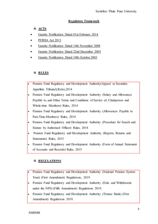 Savitribai Phule Pune University
3
SSRIMR
Regulatory Framework
ACTS
 Gazette Notification Dated 01st February 2014
 PFRDA Act 2013
 Gazette Notification Dated 14th November 2008
 Gazette Notification Dated 22nd December 2003
 Gazette Notification Dated 10th October 2003
RULES
 Pension Fund Regulatory and Development Authority(Appeal to Securities
Appellate Tribunal),Rules,2014
 Pension Fund Regulatory and Development Authority (Salary and Allowances
Payable to, and Other Terms and Conditions of Service of, Chairperson and
Whole-time Members) Rules, 2014
 Pension Fund Regulatory and Development Authority (Allowances Payable to
Part-Time-Members) Rules, 2014
 Pension Fund Regulatory and Development Authority (Procedure for Search and
Seizure by Authorised Officer) Rules, 2014
 Pension Fund Regulatory and Development Authority (Reports, Returns and
Statements) Rules, 2015
 Pension Fund Regulatory and Development Authority (Form of Annual Statement
of Accounts and Records) Rules, 2015
REGULATIONS
 Pension Fund Regulatory and Development Authority (National Pension System
Trust) (First Amendment) Regulations, 2019
 Pension Fund Regulatory and Development Authority (Exits and Withdrawals
under the NPS) (Fifth Amendment) Regulations 2019.
 Pension Fund Regulatory and Development Authority (Trustee Bank) (First
Amendment) Regulations 2019.
 