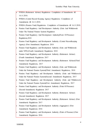 Savitribai Phule Pune University
4
SSRIMR
 PFRDA (Retirement Adviser) Regulations- Compilation of Amendments till
16.11.2018.
 PFRDA (Central Record Keeping Agency) Regulations- Compilation of
Amendments till 16.11.2018.
 PFRDA (Pension Fund) Regulations- Compilation of Amendments till 16.11.2018.
 Pension Fund Regulatory And Development Authority (Exits And Withdrawals
Under The National Pension System) Regulation
 Pension Fund Regulatory And Development Authority(Point Of Presence)
Regulations,2018
 Pension Fund Regulatory and Development Authority (Central Recordkeeping
Agency) (First Amendment) Regulations 2018
 Pension Fund Regulatory and Development Authority (Exits and Withdrawals
under NPS) (Fourth Amendment) Regulations 2018
 Pension Fund Regulatory and Development Authority (Retirement Adviser)
(Fourth Amendment) Regulations 2017
 Pension Fund Regulatory and Development Authority (Retirement Adviser)(Third
Amendment) Regulations, 2017
 Pension Fund Regulatory and Development Authority (Exits and Withdrawals
Under the National Pension System)(Third Amendment) Regulations, 2018
 Pension Fund Regulatory and Development Authority (Exits and Withdrawals
Under the National Pension System)(Second Amendment) Regulations, 2017
 Pension Fund Regulatory and Development Authority (Exits and Withdrawals
Under the National Pension System)(First Amendment) Regulations, 2017
 Pension Fund Regulatory and Development Authority (Point Of Presence)
(Second Amendment) Regulations 2017
 Pension Fund Regulatory and Development Authority (Retirement Adviser)
(Second Amendment) Regulations 2017
 Pension Fund Regulatory and Development Authority (Retirement Adviser) (First
Amendment) Regulations 2017
 Pension Fund Regulatory and Development Authority (Aggregator) (First
Amendment) Regulations 2016
 Pension Fund Regulatory and Development Authority (Point of Presence) (First
Amendment) Regulations 2016
 