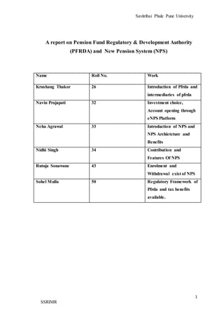 Savitribai Phule Pune University
1
SSRIMR
A report on Pension Fund Regulatory & Development Authority
(PFRDA) and New Pension System (NPS)
Name Roll No. Work
Krushang Thakor 26 Introduction of Pfrda and
intermediaries of pfrda
Navin Prajapati 32 Investment choice,
Account opening through
eNPS Platform
Neha Agrawal 33 Introduction of NPS and
NPS Archietcture and
Benefits
Nidhi Singh 34 Contribution and
Features Of NPS
Rutuja Sonawane 43 Enrolment and
Withdrawal exist of NPS
Sohel Mulla 50 Regulatory Framework of
Pfrda and tax benefits
available.
 