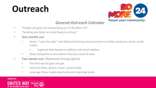 General Outreach Calendar (con’t)
• The Big Day – June 8, 2017
• Midnight email announcing that giving has commenced along...