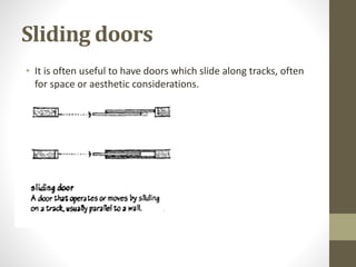 Sliding doors 
• It is often useful to have doors which slide along tracks, often 
for space or aesthetic considerations. 
 