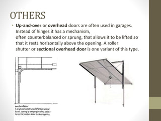 OTHERS 
• Up-and-over or overhead doors are often used in garages. 
Instead of hinges it has a mechanism, 
often counterbalanced or sprung, that allows it to be lifted so 
that it rests horizontally above the opening. A roller 
shutter or sectional overhead door is one variant of this type. 
 