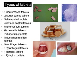Types of tablets
• 1)compressed tablets
• 2)sugar coated tablets
• 3)film coated tablets
• 4)enteric coated tablets
• 5)effervescent tablets
• 6)chewable tablets
• 7)dispersible tablets
• 8)sustained release
tablets
• 9)multilayer tablets
• 10)sublingual tablets
• 11)buccal tablets
• 12)vaginal tablets
 