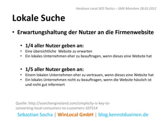 Hardcore Local SEO Tactics – SMX München 28.03.2012


Lokale Suche
• Erwartungshaltung der Nutzer an die Firmenwebsite

   • 1/4 aller Nutzer geben an:
   • Eine übersichtliche Website zu erwarten
   • Ein lokales Unternehmen eher zu beauftragen, wenn dieses eine Website hat


   • 1/5 aller Nutzer geben an:
   • Einem lokalen Unternehmen eher zu vertrauen, wenn dieses eine Website hat
   • Ein lokales Unternehmen nicht zu beauftragen, wenn die Website hässlich ist
     und nicht gut informiert



 Quelle: http://searchengineland.com/simplicity-is-key-to-
 converting-local-consumers-to-customers-107514
 Sebastian Socha | WinLocal GmbH | blog.kennstdueinen.de
 