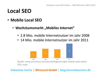 Hardcore Local SEO Tactics – SMX München 28.03.2012


Local SEO
• Mobile Local SEO
  • Wachstumsmarkt „Mobiles Internet“
     • 2.8 Mio. mobile Internetnutzer im Jahr 2008
     • 14 Mio. mobile Internetnutzer im Jahr 2011




     Quelle: www.accenture.com/de-de/Pages/insight-mobile-web-watch-
     2011.aspx

 Sebastian Socha | WinLocal GmbH | blog.kennstdueinen.de
 