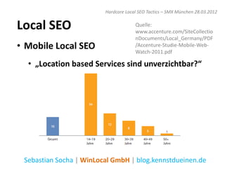 Hardcore Local SEO Tactics – SMX München 28.03.2012


Local SEO                             Quelle:
                                      www.accenture.com/SiteCollectio
                                      nDocuments/Local_Germany/PDF
• Mobile Local SEO                    /Accenture-Studie-Mobile-Web-
                                      Watch-2011.pdf

  • „Location based Services sind unverzichtbar?“




 Sebastian Socha | WinLocal GmbH | blog.kennstdueinen.de
 