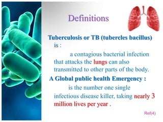Definitions

Tuberculosis or TB (tubercles bacillus)
  is :
         a contagious bacterial infection
  that attacks the lungs can also
  transmitted to other parts of the body.
A Global public health Emergency :
        is the number one single
  infectious disease killer, taking nearly 3
  million lives per year .
                                       Ref(4)
 