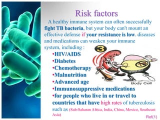 Risk factors
  A healthy immune system can often successfully
fight TB bacteria, but your body can't mount an
effective defense if your resistance is low. diseases
and medications can weaken your immune
system, including :
   •HIV/AIDS
   •Diabetes
   •Chemotherapy
   •Malnutrition
   •Advanced age
   •Immunosuppressive medications
   •for people who live in or travel to
   countries that have high rates of tuberculosis
   such as (Sub-Saharan Africa, India, China, Mexico, Southeast
   Asia)
                                                         Ref(1)
 