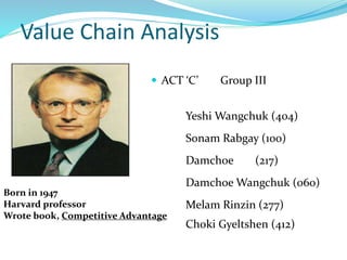 Value Chain Analysis 
 ACT ‘C’ Group III 
YeshiWangchuk (404) 
Sonam Rabgay (100) 
Damchoe (217) 
DamchoeWangchuk (060) 
Melam Rinzin (277) 
Choki Gyeltshen (412) 
Born in 1947 
Harvard professor 
Wrote book, Competitive Advantage 
 