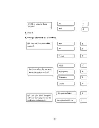 38
Section B.
Knowledge of correct use of condoms
No
Yes
Q4. Have you ever been
pregnant?
01
Yes
No
Q5. Have you ever heard about
condom?
1
2
Friends
Radio
Q6. From whom did you hear /
know this modern method?
1
2
Newspapers
Television
Others
3
4
5
Adequate/sufficient
Inadequate/insufficient
Q7 Do you have adequate/
sufficient knowledge to use this
modern method correctly?
1
2
2
 