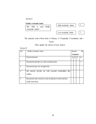 39
Section C.
Family economic status
The response scale of four items 4=Always, 3= Frequently 2=sometimes and =
Never
(Tick against the answer of your choice)
Section D
Q.9 family economic status Level of
response
Items/statement 1 2 3 4
1 My parents provide me with essential needs √
2 My parents give me enough food
4 My parents provide me with essential commodities like
clothes.
5 My parents take concern to ask me physical needs and they
really meet them
High economic status
Low economic status
Q8 what is your family
economic status?
1
2
 