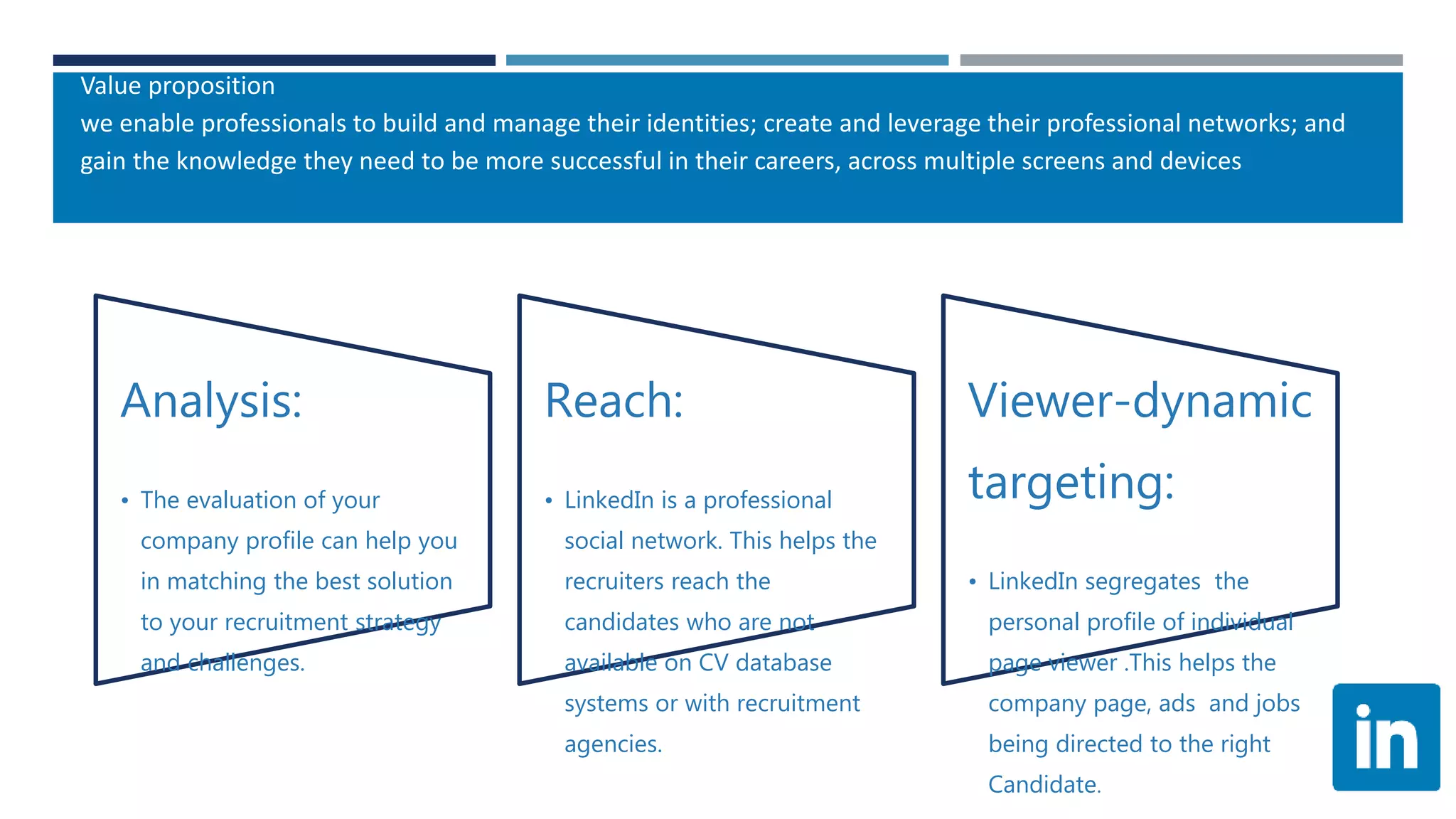 Value proposition
we enable professionals to build and manage their identities; create and leverage their professional networks; and
gain the knowledge they need to be more successful in their careers, across multiple screens and devices
Analysis:
• The evaluation of your
company profile can help you
in matching the best solution
to your recruitment strategy
and challenges.
Reach:
• LinkedIn is a professional
social network. This helps the
recruiters reach the
candidates who are not
available on CV database
systems or with recruitment
agencies.
Viewer-dynamic
targeting:
• LinkedIn segregates the
personal profile of individual
page viewer .This helps the
company page, ads and jobs
being directed to the right
Candidate.
 