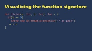 Visualizing the function signature
def divide(a: Int, b: Int): Int = {
if(b == 0)
throw new ArithmeticException("/ by zero")
a / b
}
 