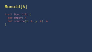 Monoid[A]
trait Monoid[A] {
def empty: A
def combine(x: A, y: A): A
}
 