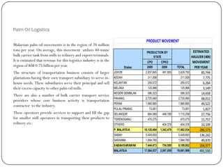 Palm Oil Logistics
Malaysian palm oil movements is in the region of 20 million
tons per year. On average, this movement utilizes 40-tonne
bulk carrier tank from mills to refinery and export terminals.
It is estimated that revenue for this logistics industry is in the
region of RM 0.75 billion per year.
The structure of transportation business consists of larger
plantations having their own transport subsidiary to serve in-
house needs. These subsidiaries serve their principal and sell
their excess capacity to other palm oil mills.
There are also a number of bulk carrier transport service
providers whose core business activity is transportation
contractor to the industry.
These operators provide services to support and fill the gap
for smaller mill operators in transporting their products to
refinery etc.
ESTIMATED
HAULIER(40t)
CPO CPKO MOVEMENT
2009 2009 TOTAL PERYEAR
JOHOR 2,937,845 491,905 3,429,750 85,744
KEDAH 311,008 311,008 7,775
KELANTAN 250,572 250,572 6,264
MELAKA 125,966 125,966 3,149
NEGERI SEMBILAN 586,323 586,323 14,658
PAHANG 2,720,460 2,720,460 68,012
PERAK 1,980,885 1,980,885 49,522
PULAU PINANG 73,061 73,061 1,827
SELANGOR 664,069 446,189 1,110,258 27,756
TERENGGANU 470,275 470,275 11,757
OTHERS 404,376 404,376 10,109
P. MALAYSIA 10,120,464 1,342,470 11,462,934 286,573
SABAH 5,449,693 5,449,693 136,242
SARAWAK 1,994,780 1,994,780 49,870
SABAH/SARAWAK 7,444,473 754,589 8,199,062 204,977
MALAYSIA 17,564,937 2,097,059 19,661,996 491,550
States
PRODUCTION BY
STATE
PRODUCT MOVEMENT
 