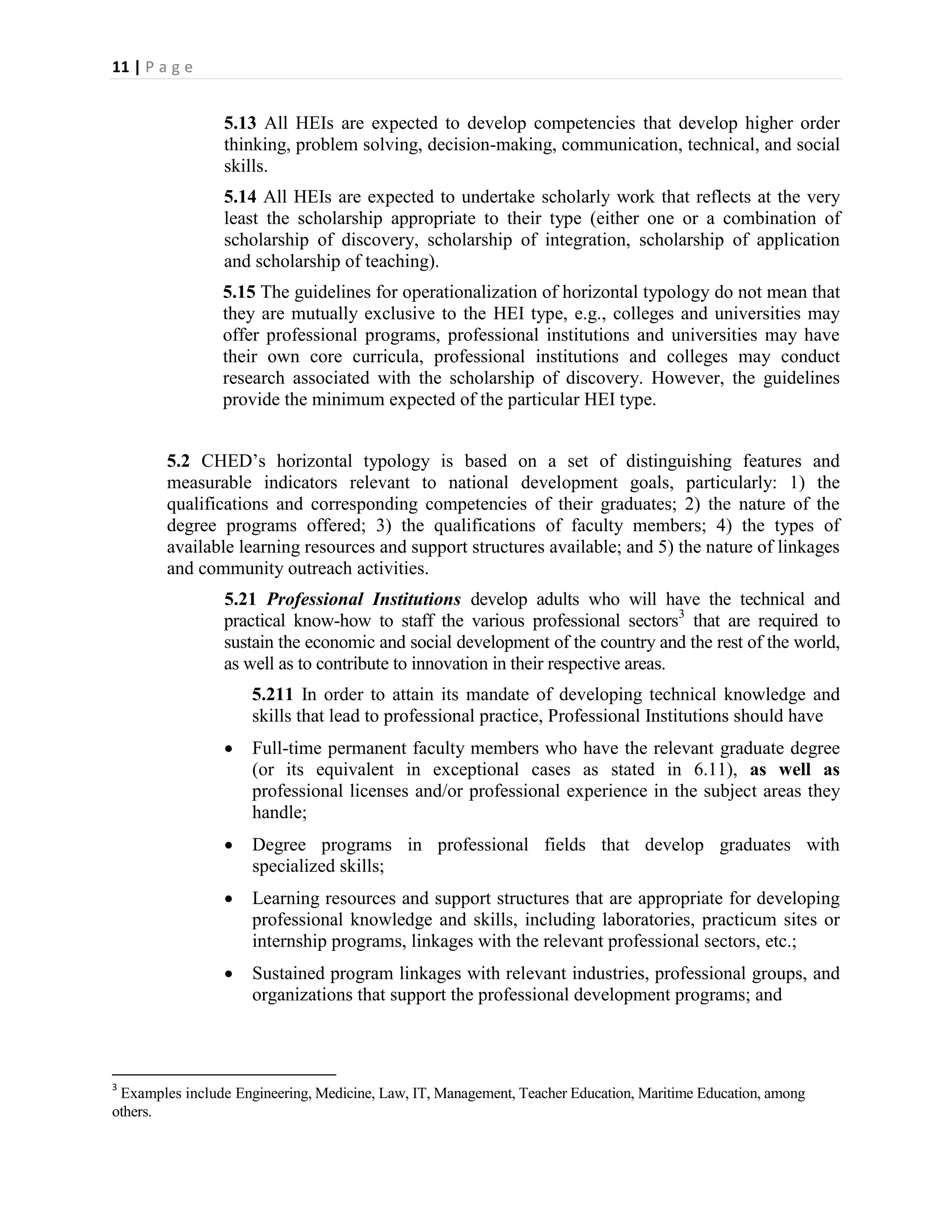 11 | P a g e


                 5.13 All HEIs are expected to develop competencies that develop higher order
                 thinking, problem solving, decision-making, communication, technical, and social
                 skills.
                 5.14 All HEIs are expected to undertake scholarly work that reflects at the very
                 least the scholarship appropriate to their type (either one or a combination of
                 scholarship of discovery, scholarship of integration, scholarship of application
                 and scholarship of teaching).
                5.15 The guidelines for operationalization of horizontal typology do not mean that
                they are mutually exclusive to the HEI type, e.g., colleges and universities may
                offer professional programs, professional institutions and universities may have
                their own core curricula, professional institutions and colleges may conduct
                research associated with the scholarship of discovery. However, the guidelines
                provide the minimum expected of the particular HEI type.


        5.2 CHED’s horizontal typology is based on a set of distinguishing features and
        measurable indicators relevant to national development goals, particularly: 1) the
        qualifications and corresponding competencies of their graduates; 2) the nature of the
        degree programs offered; 3) the qualifications of faculty members; 4) the types of
        available learning resources and support structures available; and 5) the nature of linkages
        and community outreach activities.
                 5.21 Professional Institutions develop adults who will have the technical and
                 practical know-how to staff the various professional sectors3 that are required to
                 sustain the economic and social development of the country and the rest of the world,
                 as well as to contribute to innovation in their respective areas.
                     5.211 In order to attain its mandate of developing technical knowledge and
                     skills that lead to professional practice, Professional Institutions should have
                    Full-time permanent faculty members who have the relevant graduate degree
                     (or its equivalent in exceptional cases as stated in 6.11), as well as
                     professional licenses and/or professional experience in the subject areas they
                     handle;
                    Degree programs in professional fields that develop graduates with
                     specialized skills;
                    Learning resources and support structures that are appropriate for developing
                     professional knowledge and skills, including laboratories, practicum sites or
                     internship programs, linkages with the relevant professional sectors, etc.;
                    Sustained program linkages with relevant industries, professional groups, and
                     organizations that support the professional development programs; and



3
 Examples include Engineering, Medicine, Law, IT, Management, Teacher Education, Maritime Education, among
others.
 