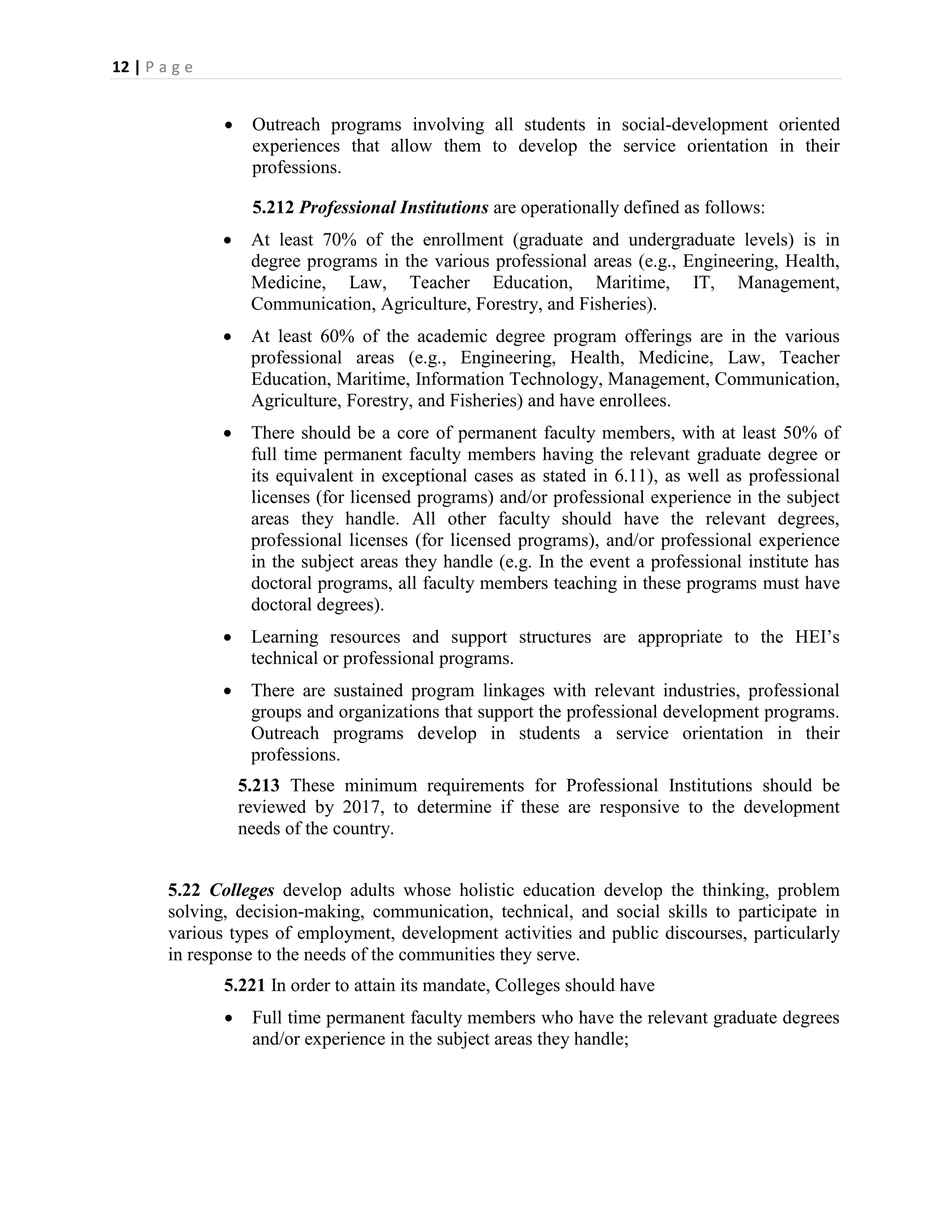 12 | P a g e


                   Outreach programs involving all students in social-development oriented
                    experiences that allow them to develop the service orientation in their
                    professions.

                    5.212 Professional Institutions are operationally defined as follows:
                   At least 70% of the enrollment (graduate and undergraduate levels) is in
                    degree programs in the various professional areas (e.g., Engineering, Health,
                    Medicine, Law, Teacher Education, Maritime, IT, Management,
                    Communication, Agriculture, Forestry, and Fisheries).
                   At least 60% of the academic degree program offerings are in the various
                    professional areas (e.g., Engineering, Health, Medicine, Law, Teacher
                    Education, Maritime, Information Technology, Management, Communication,
                    Agriculture, Forestry, and Fisheries) and have enrollees.
                   There should be a core of permanent faculty members, with at least 50% of
                    full time permanent faculty members having the relevant graduate degree or
                    its equivalent in exceptional cases as stated in 6.11), as well as professional
                    licenses (for licensed programs) and/or professional experience in the subject
                    areas they handle. All other faculty should have the relevant degrees,
                    professional licenses (for licensed programs), and/or professional experience
                    in the subject areas they handle (e.g. In the event a professional institute has
                    doctoral programs, all faculty members teaching in these programs must have
                    doctoral degrees).
                   Learning resources and support structures are appropriate to the HEI’s
                    technical or professional programs.
                   There are sustained program linkages with relevant industries, professional
                    groups and organizations that support the professional development programs.
                    Outreach programs develop in students a service orientation in their
                    professions.
                   5.213 These minimum requirements for Professional Institutions should be
                   reviewed by 2017, to determine if these are responsive to the development
                   needs of the country.


        5.22 Colleges develop adults whose holistic education develop the thinking, problem
        solving, decision-making, communication, technical, and social skills to participate in
        various types of employment, development activities and public discourses, particularly
        in response to the needs of the communities they serve.
               5.221 In order to attain its mandate, Colleges should have
                   Full time permanent faculty members who have the relevant graduate degrees
                    and/or experience in the subject areas they handle;
 