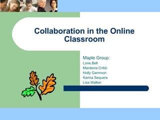 Collaboration in the Online Classroom Maple Group: Lorie Bell Mardecia Cribb Holly Gammon Karina Sequera Lisa Walker 