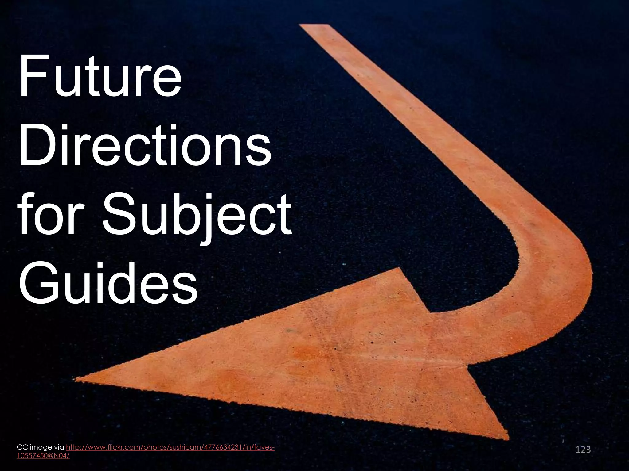 Future
Directions
for Subject
Guides
CC image via http://www.flickr.com/photos/sushicam/4776634231/in/faves10557450@N04/

123

 