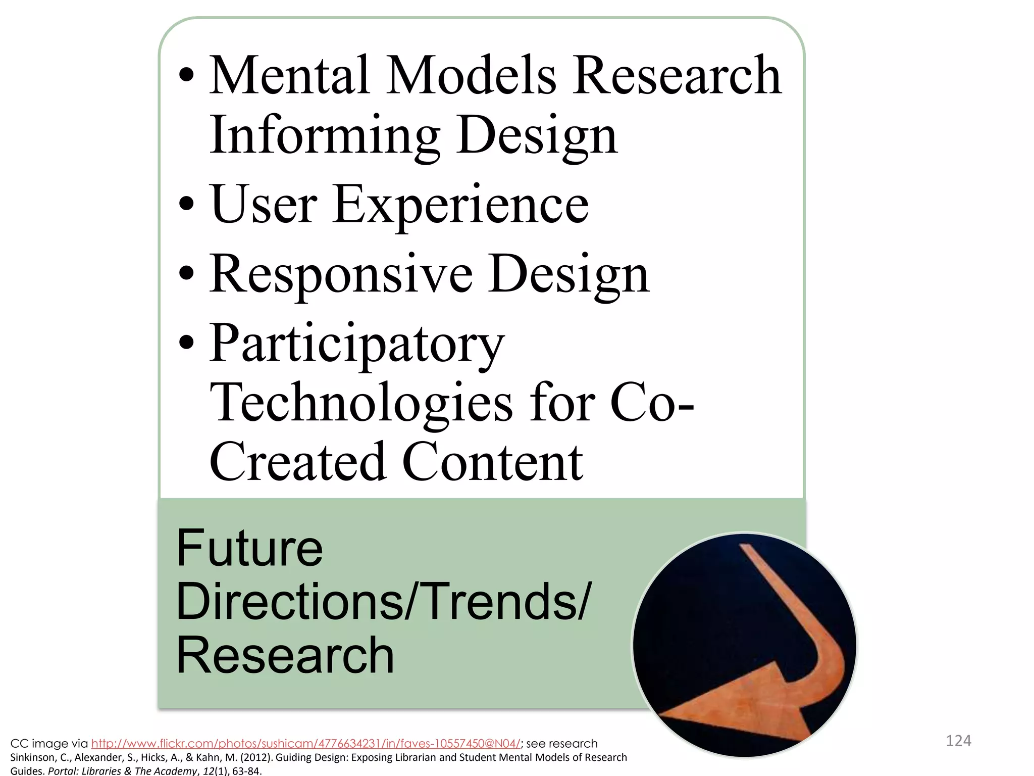 • Mental Models Research
Informing Design
• User Experience
• Responsive Design
• Participatory
Technologies for CoCreated Content
Future
Directions/Trends/
Research
CC image via http://www.flickr.com/photos/sushicam/4776634231/in/faves-10557450@N04/; see research
Sinkinson, C., Alexander, S., Hicks, A., & Kahn, M. (2012). Guiding Design: Exposing Librarian and Student Mental Models of Research
Guides. Portal: Libraries & The Academy, 12(1), 63-84.

124

 