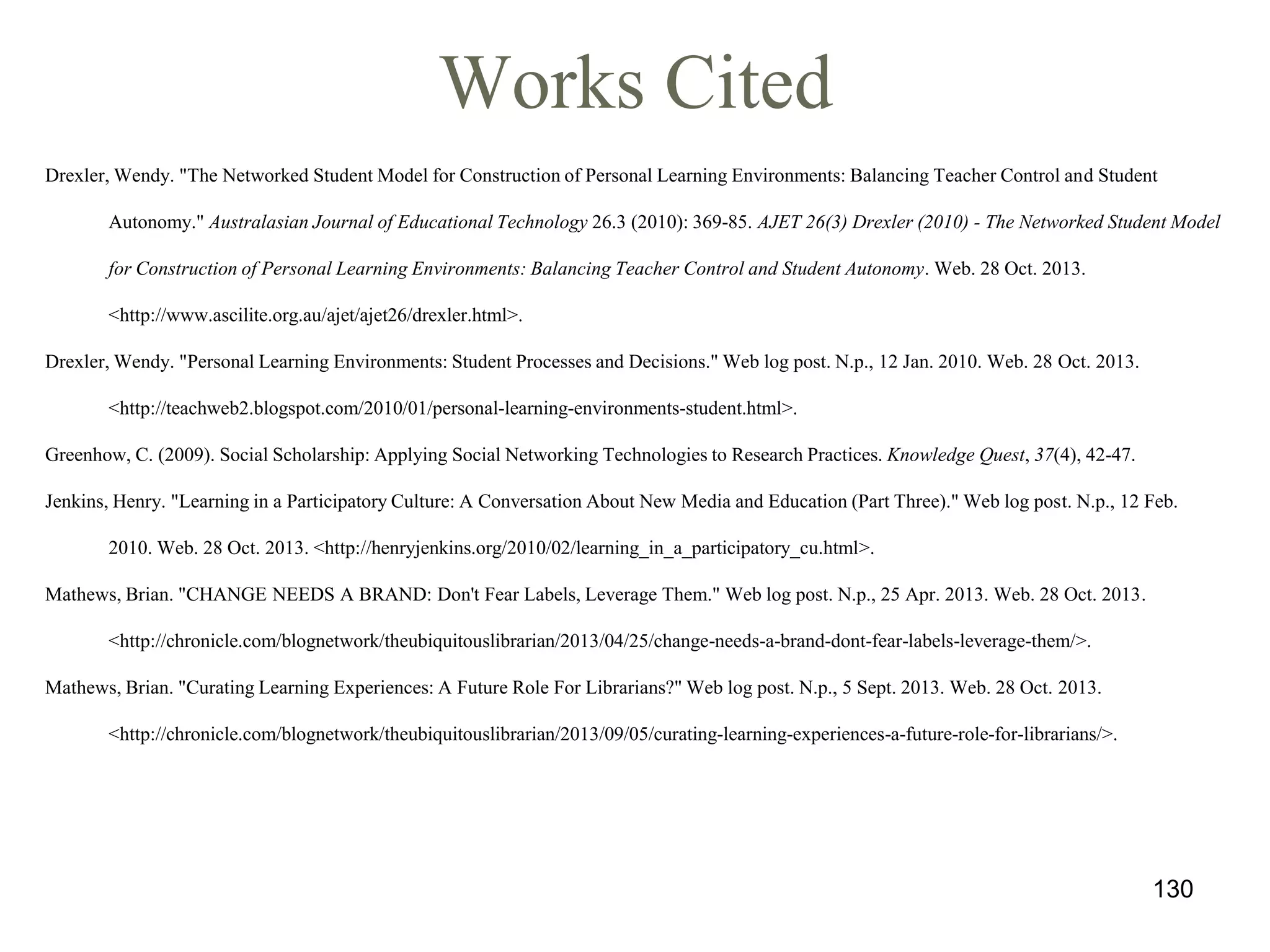 Works Cited
Drexler, Wendy. "The Networked Student Model for Construction of Personal Learning Environments: Balancing Teacher Control and Student
Autonomy." Australasian Journal of Educational Technology 26.3 (2010): 369-85. AJET 26(3) Drexler (2010) - The Networked Student Model
for Construction of Personal Learning Environments: Balancing Teacher Control and Student Autonomy. Web. 28 Oct. 2013.
<http://www.ascilite.org.au/ajet/ajet26/drexler.html>.
Drexler, Wendy. "Personal Learning Environments: Student Processes and Decisions." Web log post. N.p., 12 Jan. 2010. Web. 28 Oct. 2013.
<http://teachweb2.blogspot.com/2010/01/personal-learning-environments-student.html>.

Greenhow, C. (2009). Social Scholarship: Applying Social Networking Technologies to Research Practices. Knowledge Quest, 37(4), 42-47.
Jenkins, Henry. "Learning in a Participatory Culture: A Conversation About New Media and Education (Part Three)." Web log post. N.p., 12 Feb.
2010. Web. 28 Oct. 2013. <http://henryjenkins.org/2010/02/learning_in_a_participatory_cu.html>.
Mathews, Brian. "CHANGE NEEDS A BRAND: Don't Fear Labels, Leverage Them." Web log post. N.p., 25 Apr. 2013. Web. 28 Oct. 2013.
<http://chronicle.com/blognetwork/theubiquitouslibrarian/2013/04/25/change-needs-a-brand-dont-fear-labels-leverage-them/>.
Mathews, Brian. "Curating Learning Experiences: A Future Role For Librarians?" Web log post. N.p., 5 Sept. 2013. Web. 28 Oct. 2013.
<http://chronicle.com/blognetwork/theubiquitouslibrarian/2013/09/05/curating-learning-experiences-a-future-role-for-librarians/>.

130

 