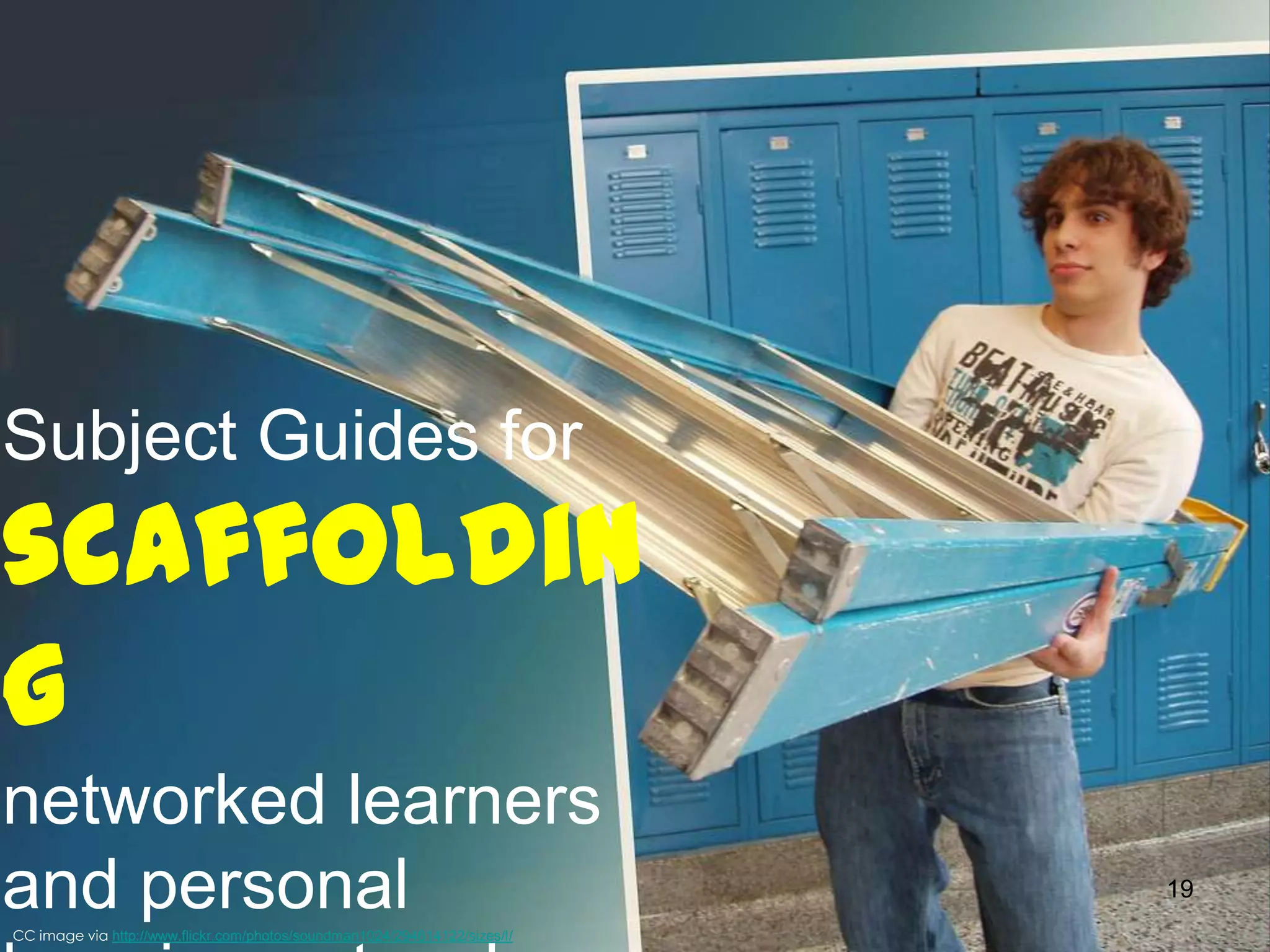 Subject Guides for

scaffoldin
g
networked learners
and personal
CC image via http://www.flickr.com/photos/soundman1024/294614122/sizes/l/

19

 