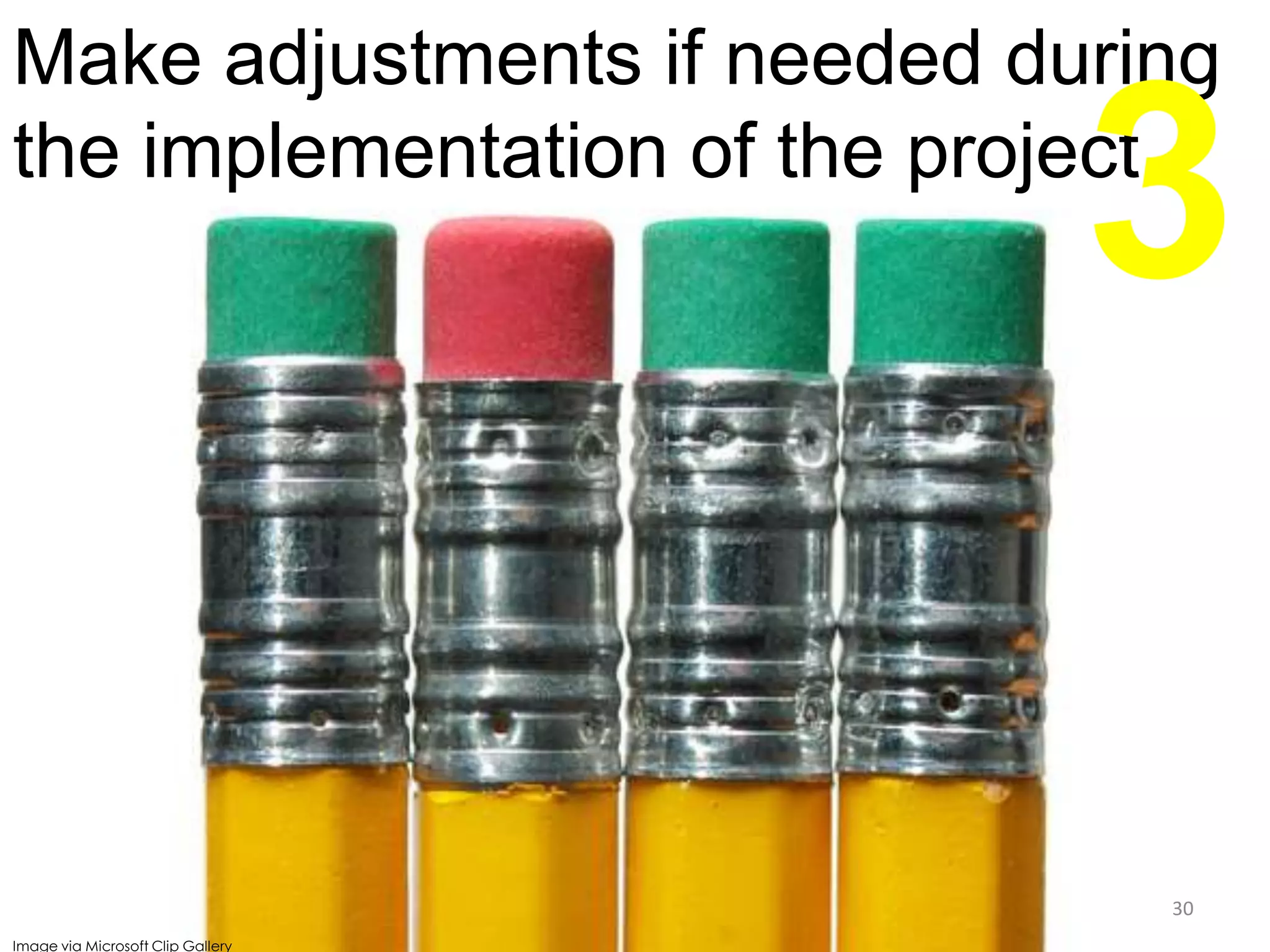 Make adjustments if needed during
the implementation of the project

3
30

Image via Microsoft Clip Gallery

 