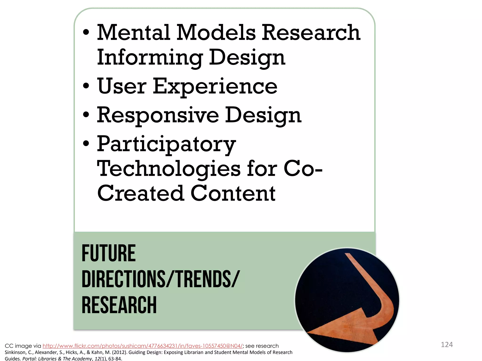 • Mental Models Research
Informing Design
• User Experience
• Responsive Design
• Participatory
Technologies for CoCreated Content

CC image via http://www.flickr.com/photos/sushicam/4776634231/in/faves-10557450@N04/; see research
Sinkinson, C., Alexander, S., Hicks, A., & Kahn, M. (2012). Guiding Design: Exposing Librarian and Student Mental Models of Research
Guides. Portal: Libraries & The Academy, 12(1), 63-84.

124

 