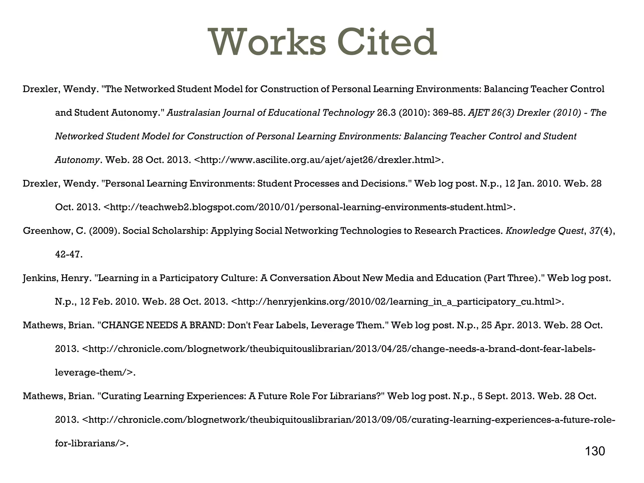 Works Cited
Drexler, Wendy. "The Networked Student Model for Construction of Personal Learning Environments: Balancing Teacher Control
and Student Autonomy." Australasian Journal of Educational Technology 26.3 (2010): 369-85. AJET 26(3) Drexler (2010) - The
Networked Student Model for Construction of Personal Learning Environments: Balancing Teacher Control and Student
Autonomy. Web. 28 Oct. 2013. <http://www.ascilite.org.au/ajet/ajet26/drexler.html>.
Drexler, Wendy. "Personal Learning Environments: Student Processes and Decisions." Web log post. N.p., 12 Jan. 2010. Web. 28
Oct. 2013. <http://teachweb2.blogspot.com/2010/01/personal-learning-environments-student.html>.
Greenhow, C. (2009). Social Scholarship: Applying Social Networking Technologies to Research Practices. Knowledge Quest, 37(4),
42-47.
Jenkins, Henry. "Learning in a Participatory Culture: A Conversation About New Media and Education (Part Three)." Web log post.
N.p., 12 Feb. 2010. Web. 28 Oct. 2013. <http://henryjenkins.org/2010/02/learning_in_a_participatory_cu.html>.
Mathews, Brian. "CHANGE NEEDS A BRAND: Don't Fear Labels, Leverage Them." Web log post. N.p., 25 Apr. 2013. Web. 28 Oct.
2013. <http://chronicle.com/blognetwork/theubiquitouslibrarian/2013/04/25/change-needs-a-brand-dont-fear-labelsleverage-them/>.
Mathews, Brian. "Curating Learning Experiences: A Future Role For Librarians?" Web log post. N.p., 5 Sept. 2013. Web. 28 Oct.
2013. <http://chronicle.com/blognetwork/theubiquitouslibrarian/2013/09/05/curating-learning-experiences-a-future-rolefor-librarians/>.

130

 