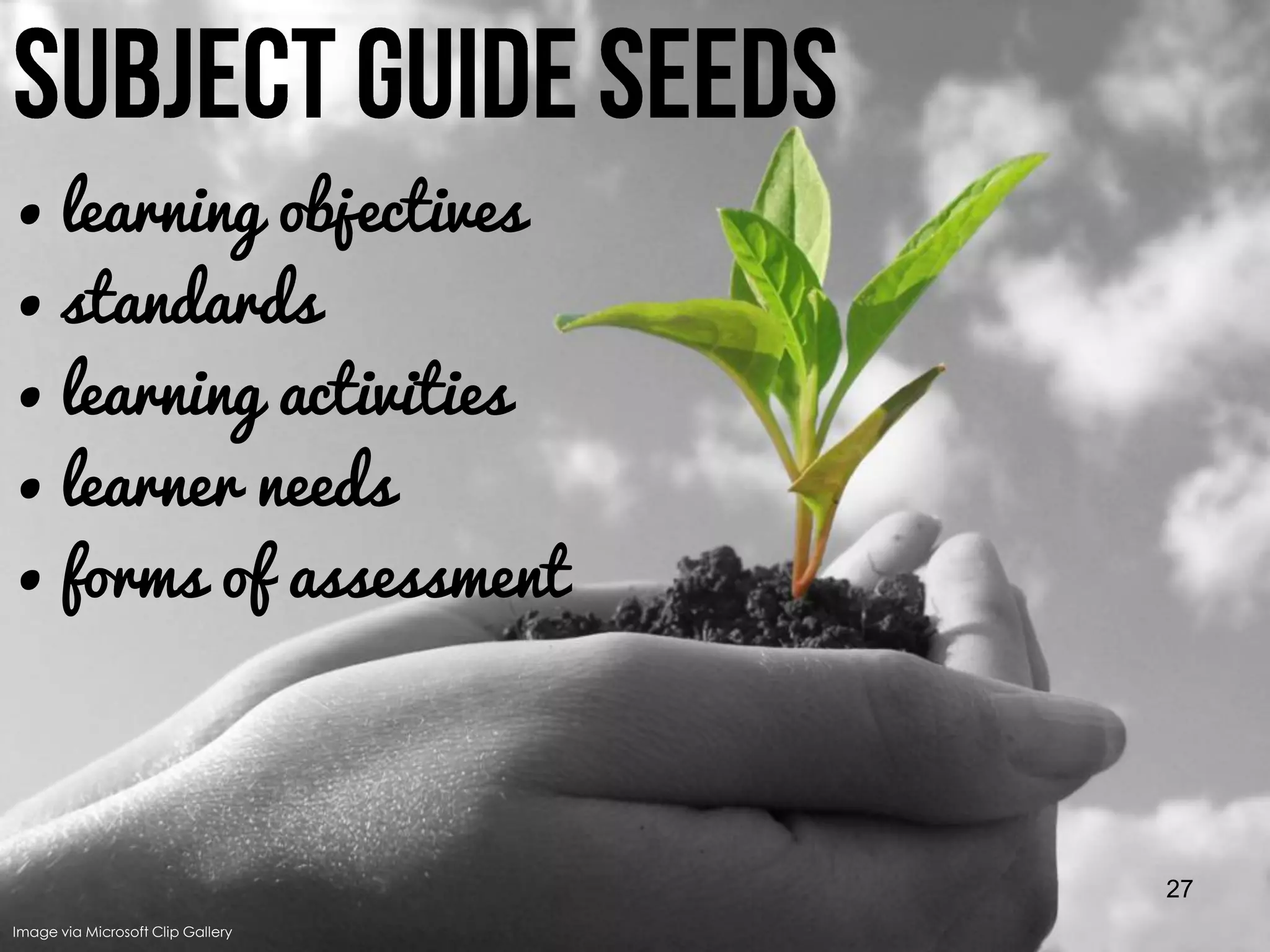 • learning objectives
• standards
• learning activities
• learner needs
• forms of assessment

27
Image via Microsoft Clip Gallery

 