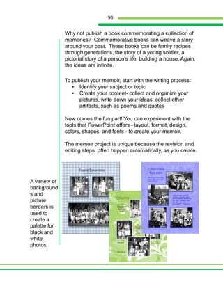 Chapter Four ~ Children’s Summer Publishing ProjectHow did you spend your summer vacation?  Did you publish any books? Thirteen students - 4 high school, 3 middle school, 4 intermediate and 2 primary – answered, “Yes!” to that question after the summer of 2008.  These students, from urban, suburban and rural environments, had a wide range of experience with literacy and technology. Using a small grant, our publishing group provided multiple day “learning lab” sessions to teach these students how to write and publish their own books.  Our goal for the “Summer Publishing Project” was to discover how effectively and efficiently these learners applied the writing process to text publishing.  We  also wanted to observe peer revising and editing across a mixed age group . The lab setting provided a learning environment that allowed us to bridge the students’ knowledge and skill of literacy practices with the publishing experience. Instruction consisted of explicit mini-lessons based on each student’s immediate needs.  The small-group and individual mini-lessons included: audience and purpose, adding details, staying focused on topic, creating titles, hooking the audience, revising, editing, and design. Students selected the topics and audience for their books. This promoted high engagement and ownership for the project. The high school and primary students came in with ideas that were firmly entrenched.  The adolescents, ages 11-14, struggled with selecting their topics. Through our conferencing questions, these students were able to decide what audience and22